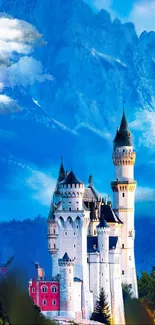 Enchanting castle set against majestic mountains and clear blue skies.