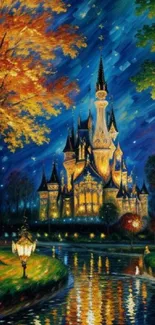 Enchanted castle with vibrant colors under a starry sky at night.