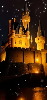 Illuminated castle at night with glowing lights and stars.