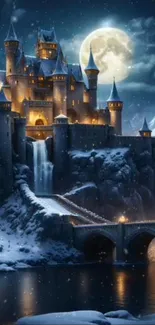 Enchanted castle and moonlit night with snow-covered landscape.