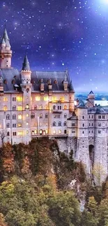 Magical illuminated castle at night with starry sky.