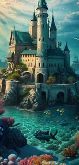 Enchanted castle with coral reef and fish in a vibrant ocean scene.