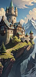 A magical castle perched on a cliff with mountains in the background.