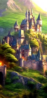 Enchanting castle on a lush green mountain with dreamy, fantasy elements.