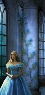 Princess in blue gown in a castle with flowers on columns.