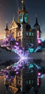 Floating enchanted castle with glowing elements and a reflective surface.