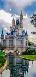 Majestic castle with blue spires reflected in tranquil water.
