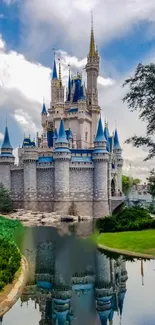 Enchanted castle with reflection in the water, set under a blue sky.