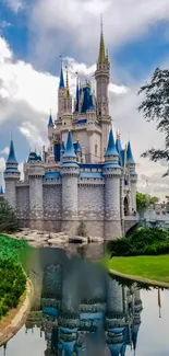 Majestic castle with blue towers reflected in a serene water landscape.