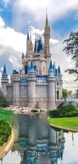 Enchanted castle reflected in a tranquil pond, with blue sky and green foliage.