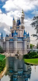 Fairytale castle with reflection in pond under blue sky.