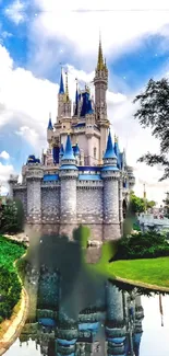 Enchanted castle with blue sky and reflection in water.