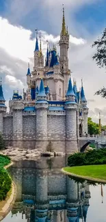 Enchanted castle with water reflection and cloudy sky.