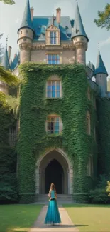 Woman in blue dress approaches ivy-covered castle entrance.