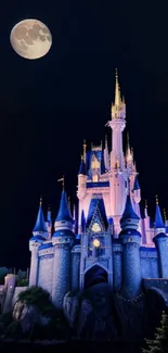 Enchanted castle under a full moon in a dark serene night.