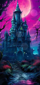 Fantasy castle wallpaper with a purple moonlit sky.