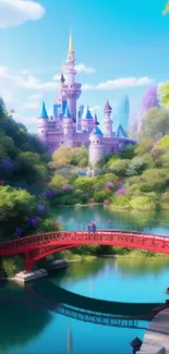 Enchanting fairytale castle surrounded by nature with a red bridge over a serene lake.