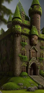 Enchanted castle with green moss and medieval architecture.