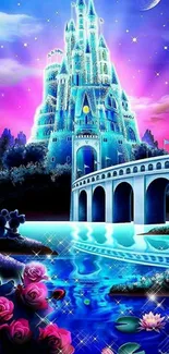 Magical castle under a vibrant night sky with roses and a serene lake.