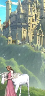 Fantasy castle with unicorn and woman in pink dress.