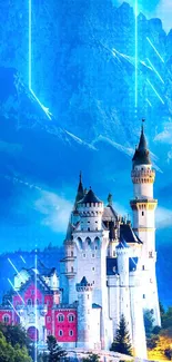 Fantasy castle with mountains and blue sky wallpaper.