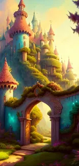 Enchanted castle under vibrant sunset with lush greenery.