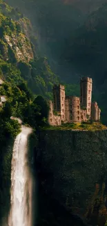 A castle on a cliff with a waterfall in a lush green canyon.