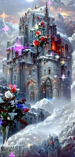 Enchanted castle with red roses in a snowy winter setting.