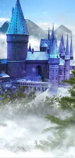 Enchanted castle in snowy winter scene with evergreen trees and mountains.