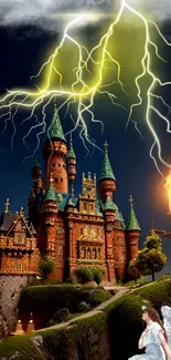 Enchanted castle with striking lightning and glowing torches on a mystical night.