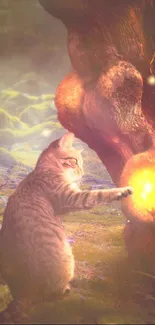 Cat interacting with a glowing tree in magical forest wallpaper.