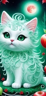 Enchanted teal cat with curly fur and red apples in a moonlit fantasy setting.