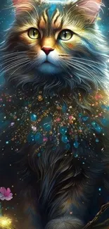 Fantasy cat with jewels in vibrant colors.