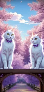 Two white cats sit in a magical lavender forest, creating a serene mobile wallpaper.