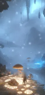 Fantasy cave with glowing mushrooms and blue ambient light.