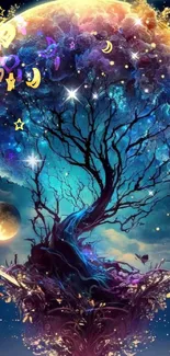 Enchanted tree with celestial night sky and vibrant colors for phone wallpaper.