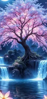 Fantasy cherry blossom tree with waterfalls at night.