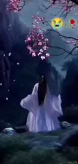 Mystical figure under cherry blossoms at night.