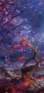 Mystical cherry blossom with red ribbons in an enchanted forest scene.