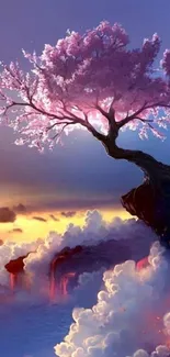 Mystical cherry blossom tree with vibrant sky.