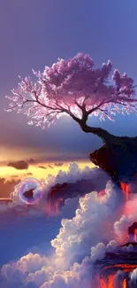 Cherry blossom tree on misty cliff at sunset.