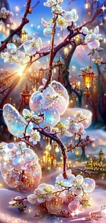 Enchanting cherry blossom wallpaper with glowing lanterns and serene atmosphere.