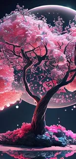 Enchanting tree with pink blossoms under a cosmic sky.