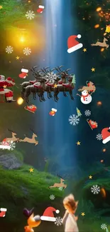 Christmas themed wallpaper with Santa and reindeer in a forest scene.