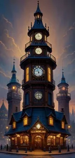 Enchanted clock tower in a mystical evening town with glowing lights and whimsical design.