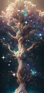 Mystical cosmic tree with vibrant colors in a starry universe background.