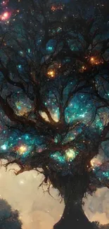 Enchanted tree with cosmic stars in a mystical, dark teal landscape wallpaper.