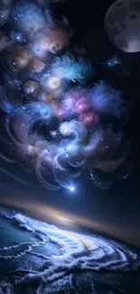 Cosmic waves and starry night mobile wallpaper with a mystical fantasy theme.