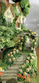 Whimsical cottage nestled in lush greenery and flowers, fantasy wallpaper design.