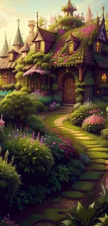 Enchanted cottage surrounded by lush green gardens and vibrant flowers.